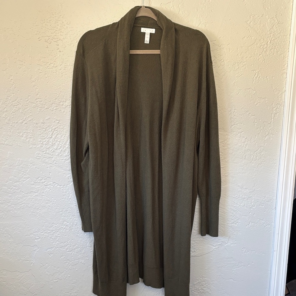 Leith Olive Green Lightweight Open Front Roll Collar Cardigan L